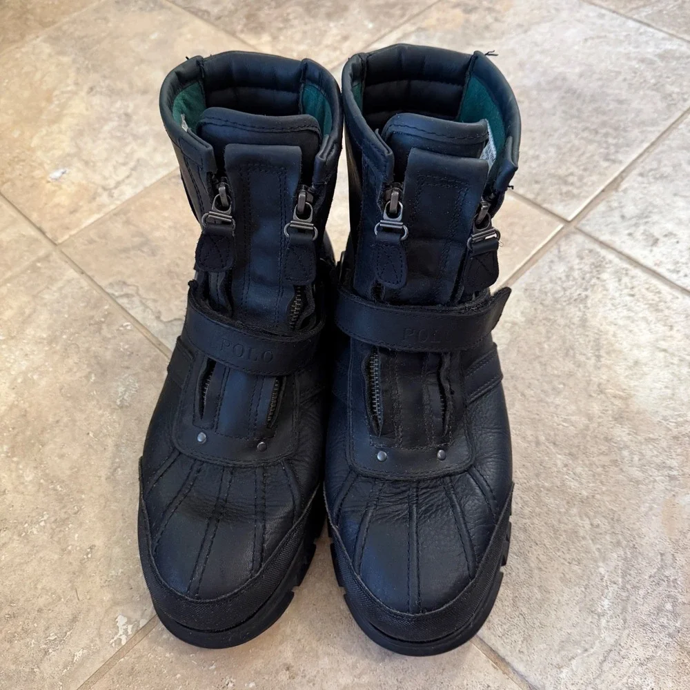 Polo Ralph Lauren Conquest Hi III Boots Mens 10.5 Black Leather Duck Zip Strap